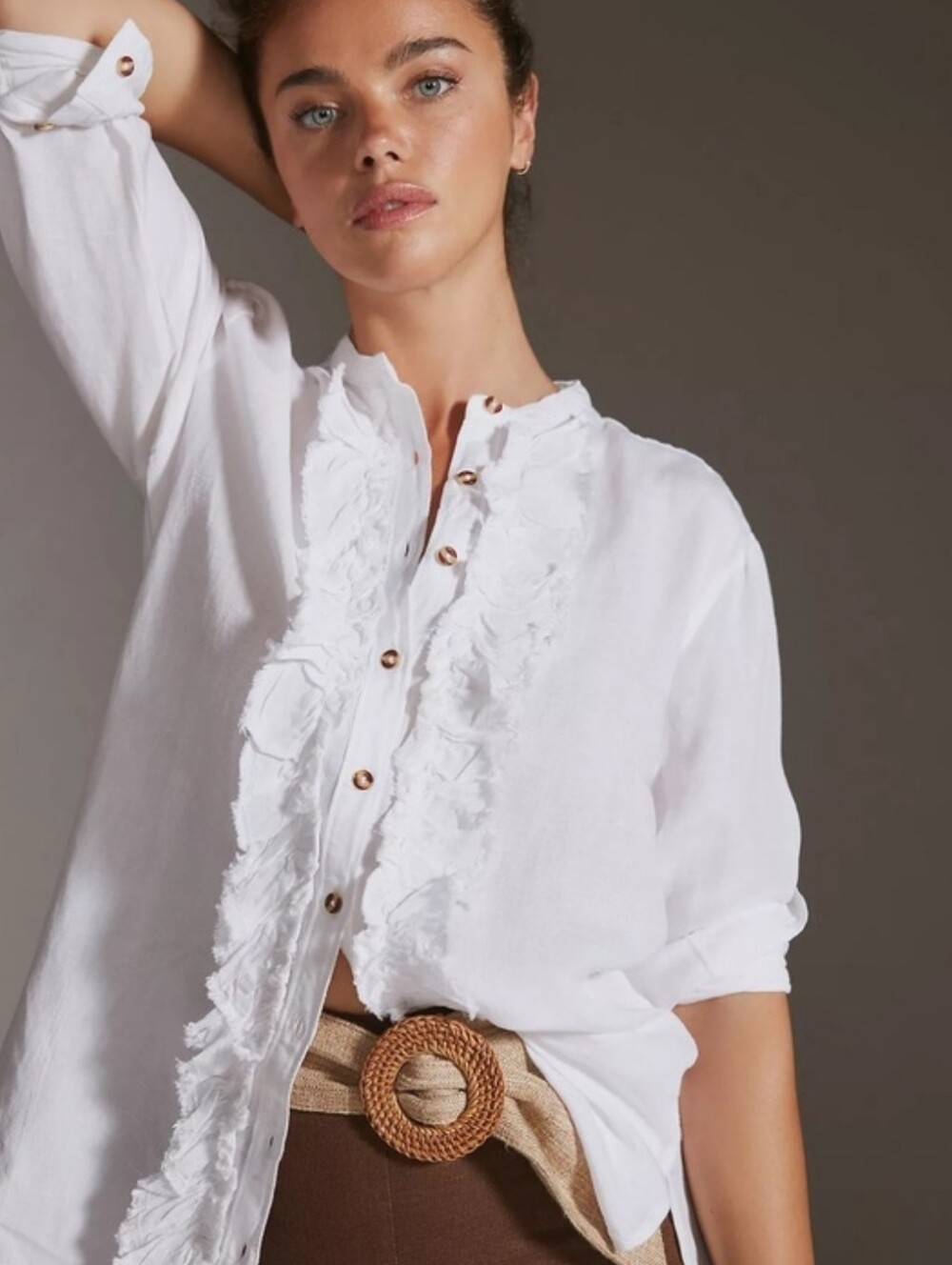 Pilcro White Button-Front Frayed Shirt